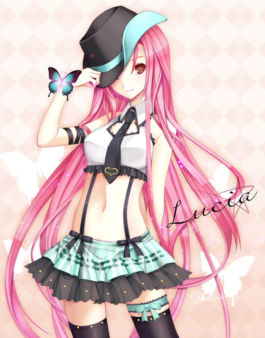 butterfly garters hat highres long_hair lucia pangya pink_hair skirt smile thigh-highs thighhighs very_long_hair yuuki_kira