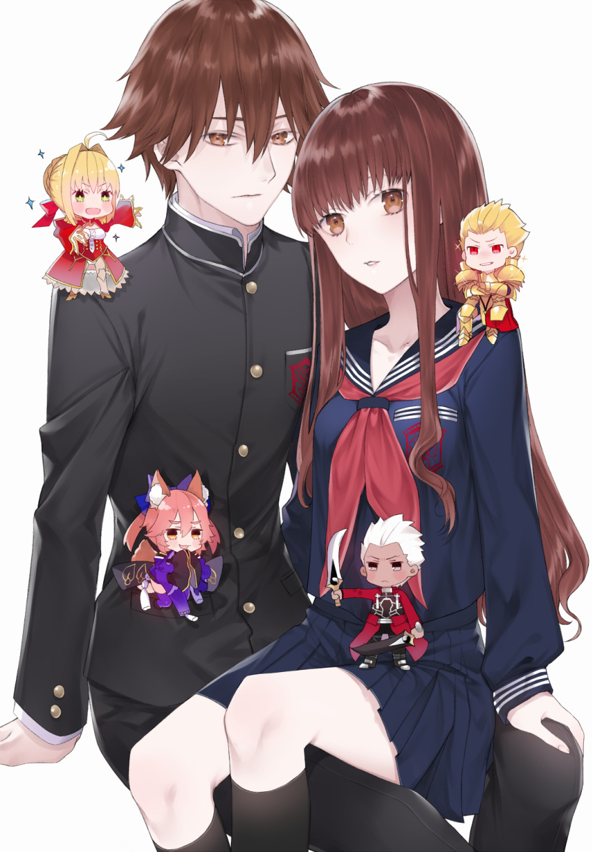 3boys 3girls archer black_legwear blue_neckwear brown_eyes brown_hair chibi chibi_inset closed_mouth collarbone fate/extra fate_(series) gilgamesh hair_between_eyes highres ichinosenen invisible_chair kishinami_hakuno_(female) kishinami_hakuno_(male) kneehighs long_hair looking_at_viewer miniskirt multiple_boys multiple_girls nero_claudius_(fate) nero_claudius_(fate)_(all) parted_lips pleated_skirt school_uniform serafuku sitting sitting_on_lap sitting_on_person skirt socks tamamo_(fate)_(all) tamamo_no_mae_(fate)