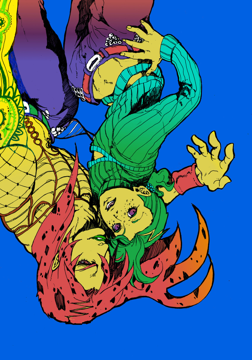 belt diavolo dual_persona eat666 eat_(pixiv1194505) freckles gradient_hair green_hair green_lipstick highres jojo_no_kimyou_na_bouken lace lipstick male multicolored_hair navel orange_hair pink_hair purple_eyes rough upside-down vinegar_doppio violet_eyes wristband