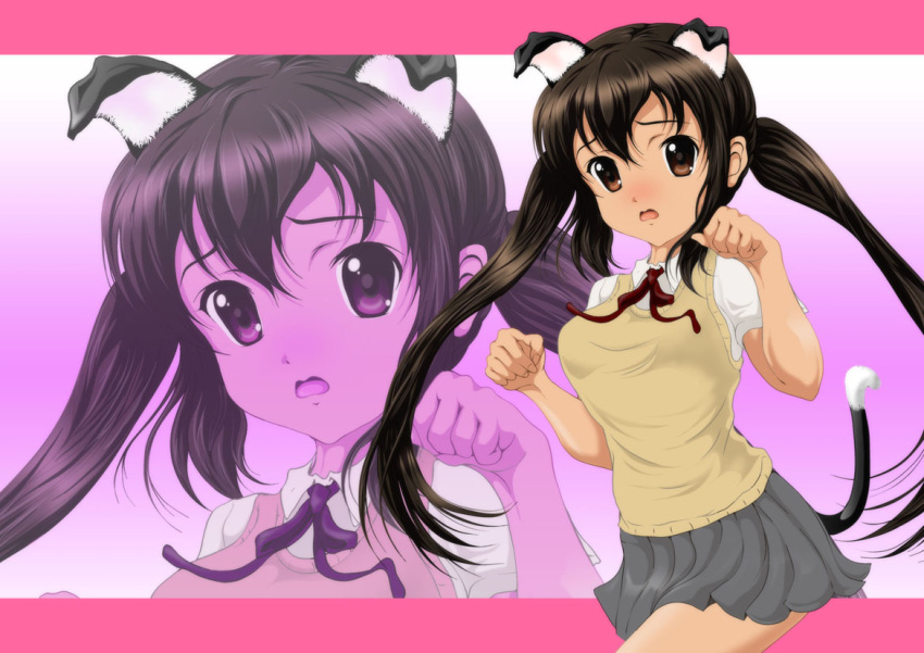 black_hair brown_eyes cat_ears cat_pose cat_tail k-on! nakano_azusa nanashi_noiji paw_pose school_uniform solo sweater_vest tail twintails zoom_layer