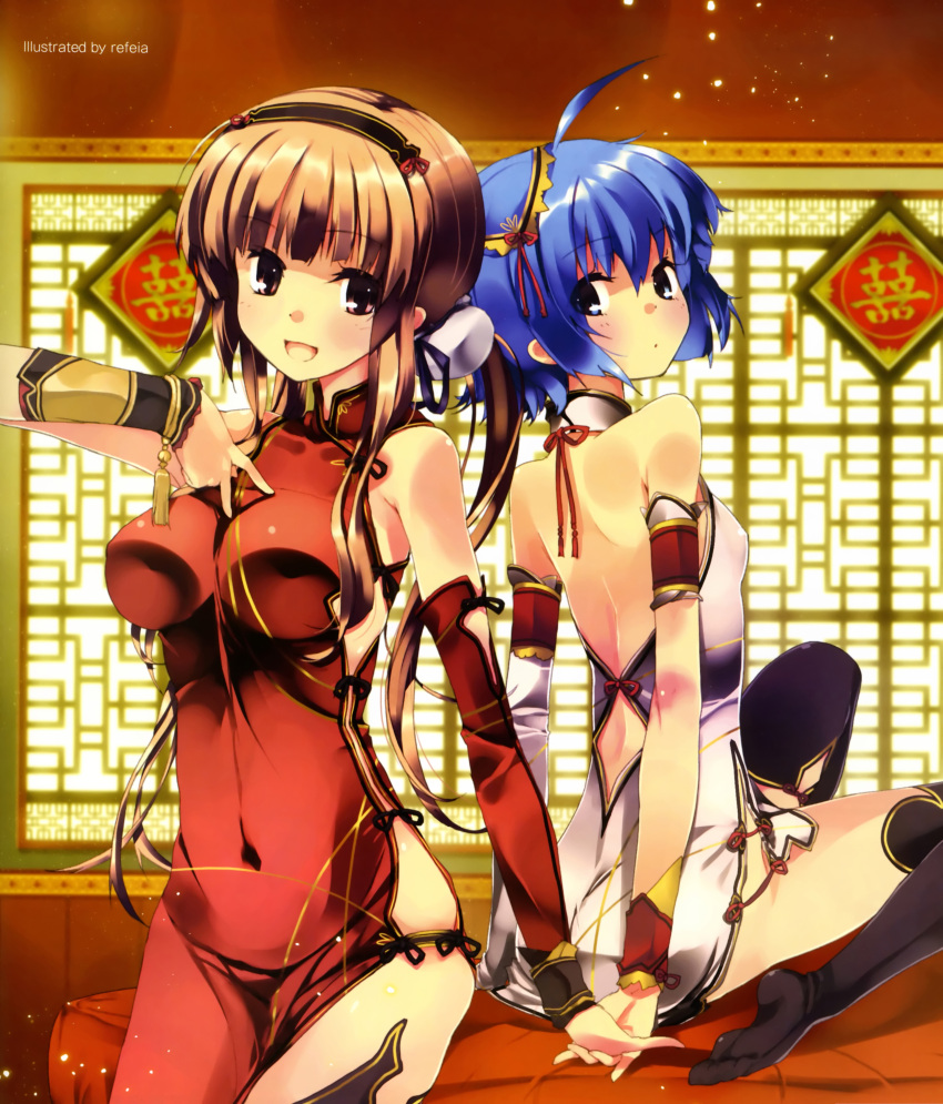 absurdres bare_shoulders blue_eyes blue_hair breasts brown_eyes brown_hair china_dress chinese_clothes detached_sleeves dress hand_holding highres impossible_clothes impossible_dress large_breasts legs multiple_girls refeia short_hair side_slit thighhighs thighs