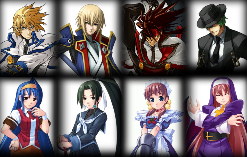 arcana_heart blazblue blonde_hair blue_eyes blue_hair brown_eyes brown_hair clarice_di_lanza crossover fiona_mayfield green_eyes guilty_gear hat hazama headband japanese_clothes jin_kisaragi jpeg_artifacts katana ky_kiske military military_uniform mugen_(game) nun order_sol pink_hair ribbon school_uniform short_twintails sol_badguy sword tokinomiya_kamui tsuzura_saki twintails uniform weapon wings yellow_eyes