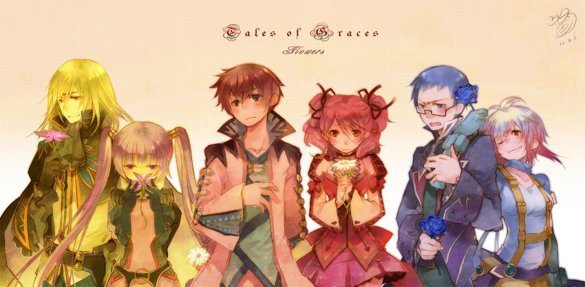 3girls asbel_lhant blonde_hair blue_eyes blue_hair blue_rose brown_eyes cheria_barnes flower glasses gradient_hair highres hubert_ozwell minatsume multicolored_hair multiple_boys multiple_girls pascal pink_hair purple_hair red_hair redhead richard_(tales_of_graces) rose scarf sophie_(tales_of_graces) tales_of_(series) tales_of_graces title_drop twintails two_side_up white_hair yellow_background
