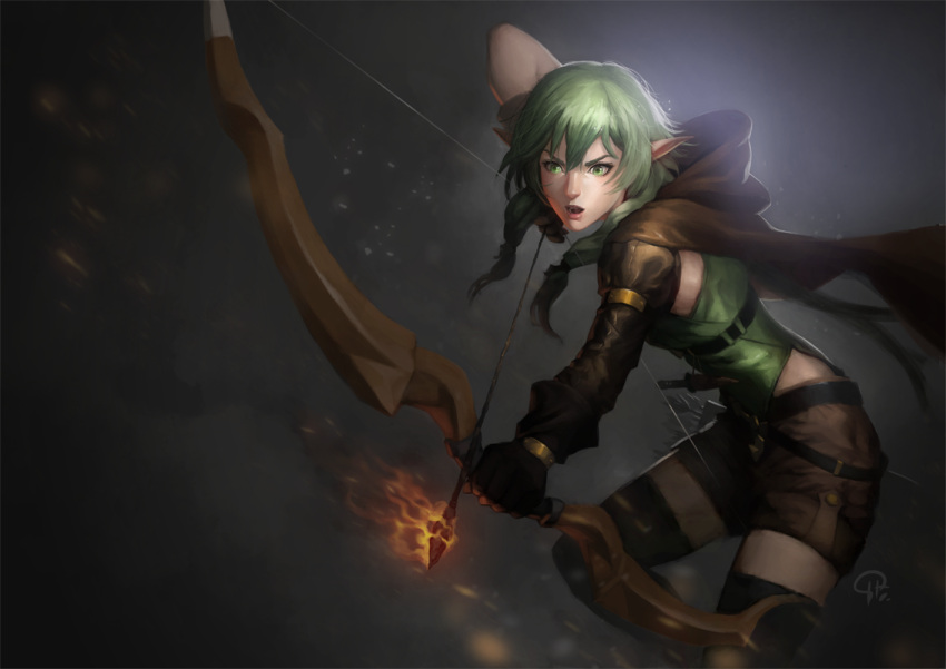 1girl black_footwear black_gloves boots bow_(weapon) brown_cape brown_shorts cape elf flaming_arrow gloves goblin_slayer! green_eyes green_hair grey_background hifarry high_elf_archer_(goblin_slayer!) holding holding_bow_(weapon) holding_weapon hood hood_down hooded_cape nose petite pointy_ears serious shorts solo thigh-highs thigh_boots weapon