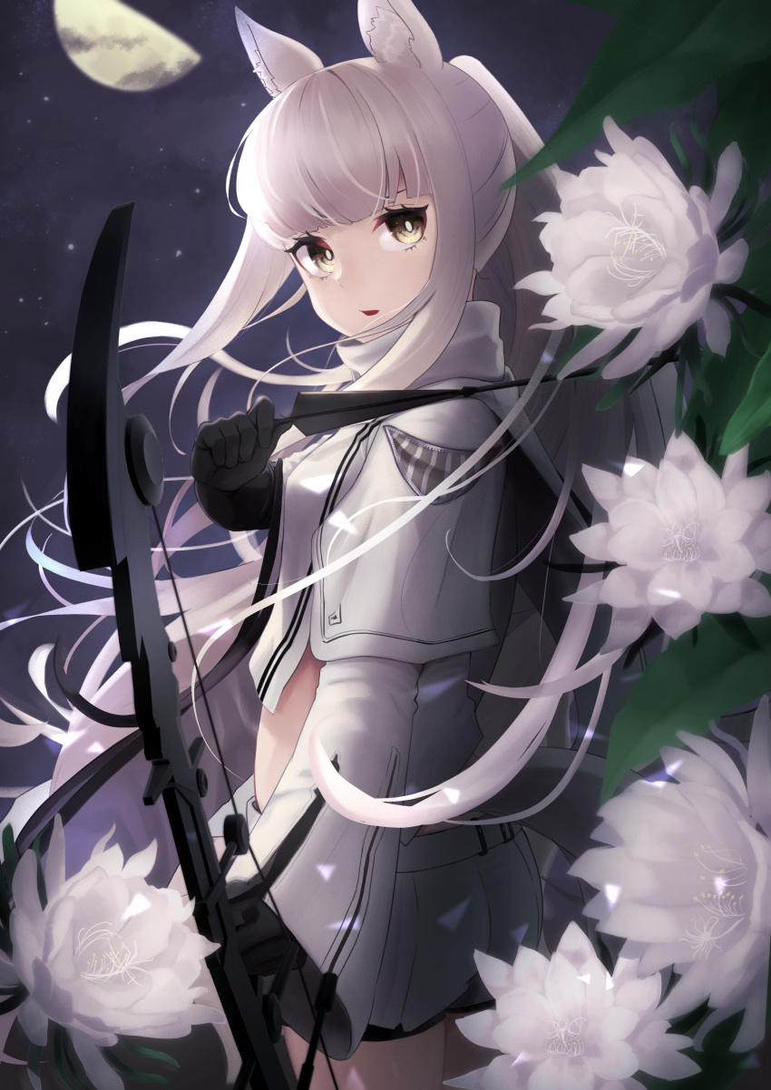 1girl absurdres animal_ear_fluff animal_ears arknights arrow_(projectile) bangs black_gloves blunt_bangs bow_(weapon) coat commentary_request eyebrows_visible_through_hair flower from_side gloves half_moon hand_up highres hitsuji_no_rice holding holding_arrow holding_bow_(weapon) holding_weapon horse_ears horse_girl huge_filesize long_hair long_sleeves looking_to_the_side moon night parted_lips platinum_(arknights) sidelocks sky solo standing star_(sky) starry_sky upper_body very_long_hair weapon white_coat white_flower white_hair yellow_eyes