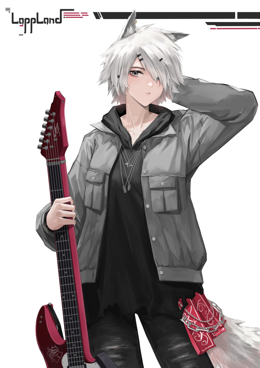 1girl absurdres ambience_synesthesia animal_ears arknights arm_behind_head black_pants black_shirt character_name collarbone cowboy_shot ctpt9r electric_guitar grey_eyes grey_sweater guitar hair_ornament hair_over_one_eye hairclip highres holding holding_instrument instrument jewelry lappland_(ambience_synesthesia)_(arknights) lappland_(arknights) looking_at_viewer necklace pants shirt short_hair simple_background solo sweater tail tomboy upper_body white_background white_hair wolf_ears wolf_girl wolf_tail