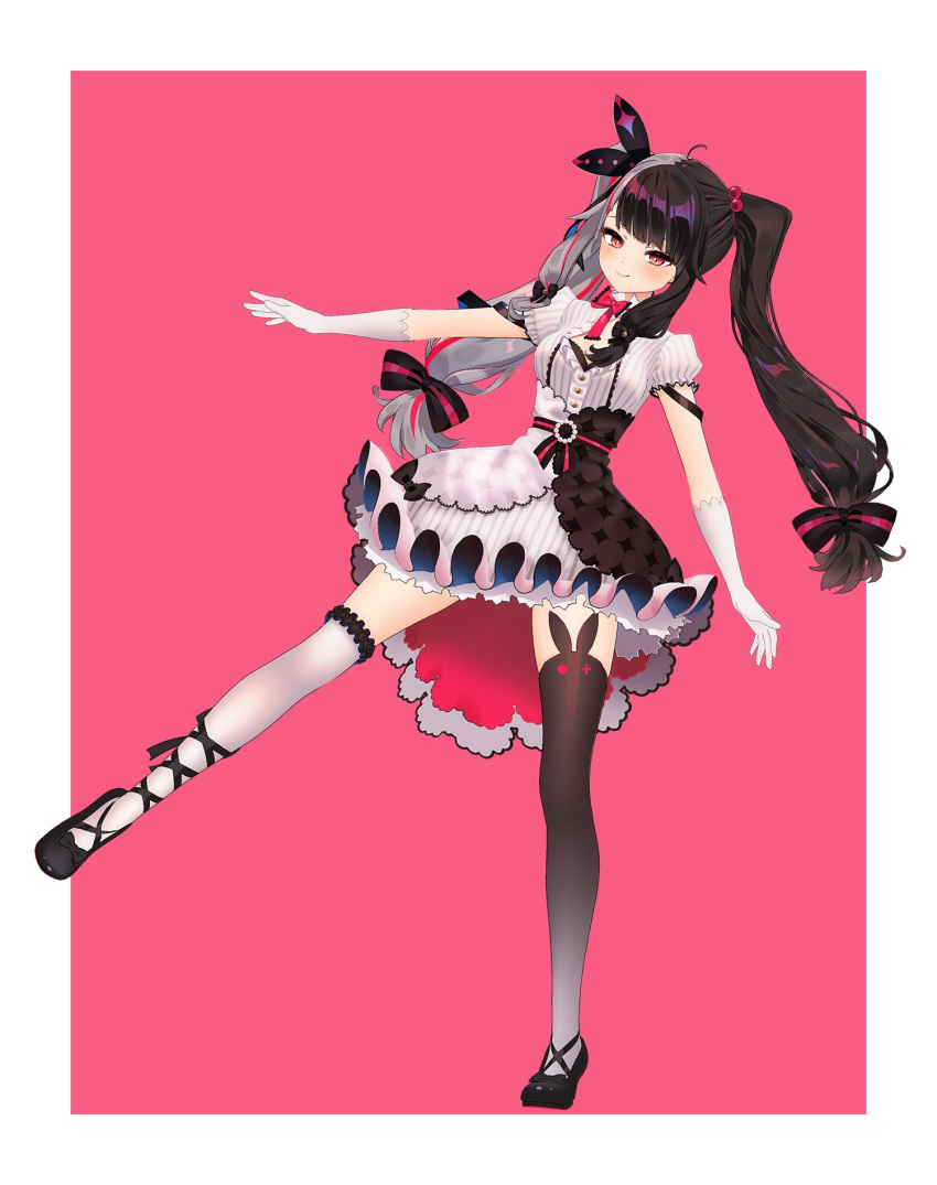 1girl 3d black_hair black_legwear black_skirt blush breasts dress eyebrows_behind_hair gloves grey_hair highres juliet_sleeves leaning_to_the_side long_hair long_sleeves looking_at_viewer medium_breasts mismatched_legwear mochi_zukin multicolored_hair nijisanji official_art puffy_sleeves red_eyes skirt smile solo thigh-highs twintails two-tone_hair virtual_youtuber white_dress white_gloves yorumi_rena