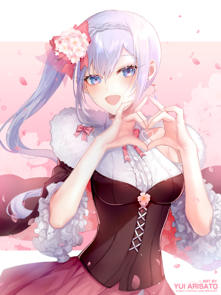 1girl :d arisato_yui artist_name blue_eyes blush bow bowtie braid bustier character_request cherry_blossoms commission crown_braid dress_shirt floating_hair flower hair_bow hair_flower hair_ornament heart heart_hands highres long_hair looking_at_viewer pink_bow pink_bowtie pink_skirt pleated_skirt red_bow shiny shiny_hair shirt side_ponytail silver_hair skeb_commission skirt smile solo standing very_long_hair virtual_youtuber white_flower white_shirt