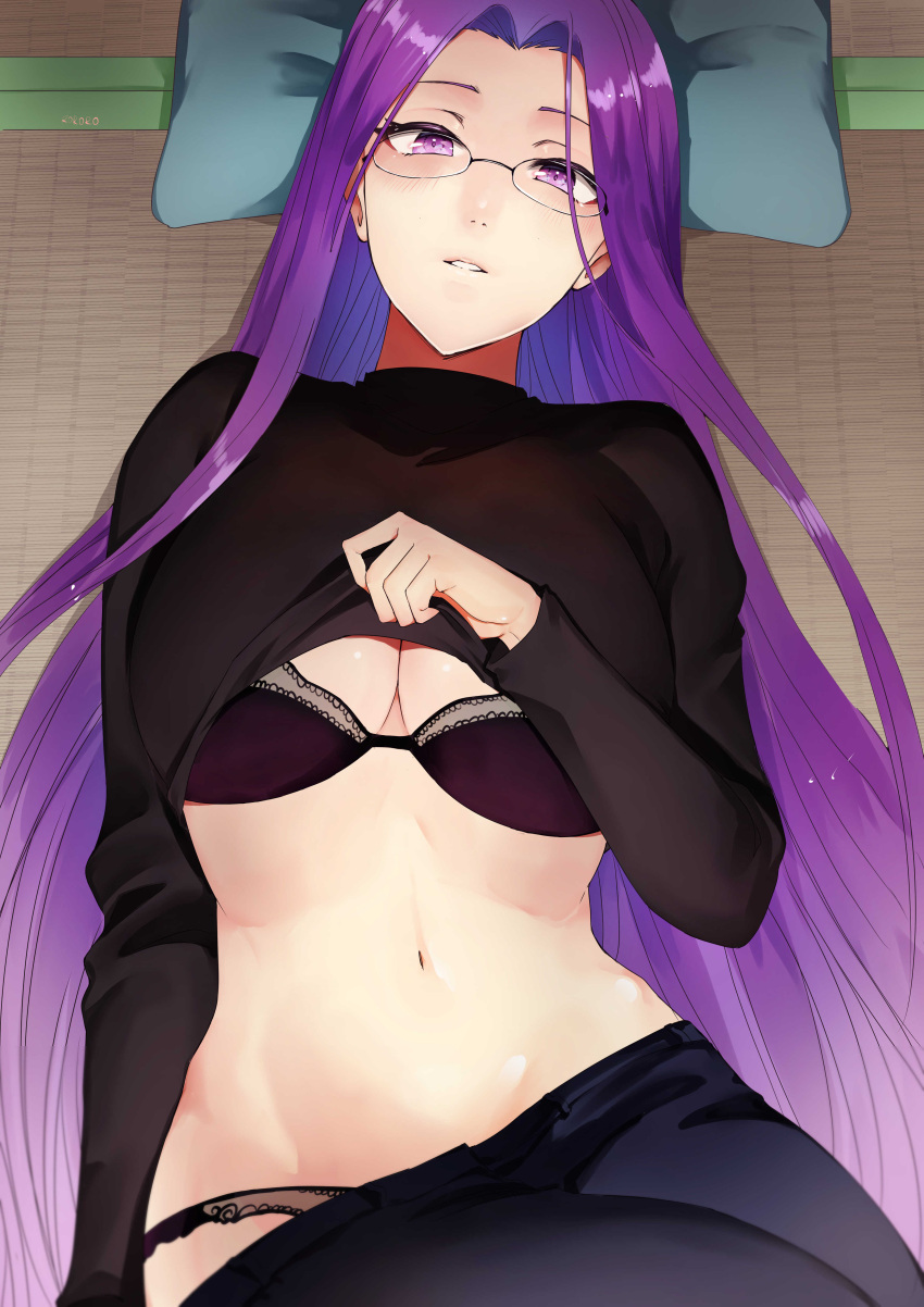 1girl absurdres black_bra black_panties black_sweater bra breasts clothes_lift clothes_pull fate/hollow_ataraxia fate_(series) glasses highres lifted_by_self long_hair long_sleeves lying medium_breasts medusa_(fate) medusa_(rider)_(fate) memero_7272 navel on_back panties pants pants_pull pulled_by_self purple_hair solo sweater sweater_lift underwear very_long_hair violet_eyes