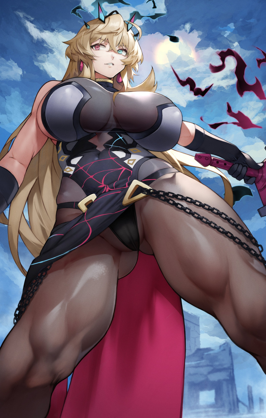 1girl absurdres armor bangs bare_shoulders black_dress blonde_hair blue_eyes blue_sky breasts brown_legwear chain covered_navel dress earrings fate/grand_order fate_(series) gauntlets gawain_(fairy_knight)_(fate) heterochromia highres horns jewelry large_breasts long_hair looking_at_viewer pantyhose pauldrons pelvic_curtain red_eyes shoulder_armor sideboob single_gauntlet single_pauldron sky solo thighs yoshio_(55level)