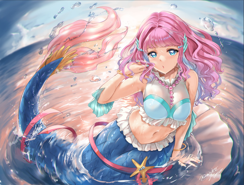 1girl arm_support bangs blue_eyes blue_sky bracelet breasts clouds commentary_request day eyebrows_visible_through_hair head_fins highres jewelry kamishiro_ryuu laura_la_mer long_hair looking_at_viewer medium_breasts mermaid midriff monster_girl navel ocean partially_submerged pink_hair precure sky sleeveless solo tropical-rouge!_precure water wet