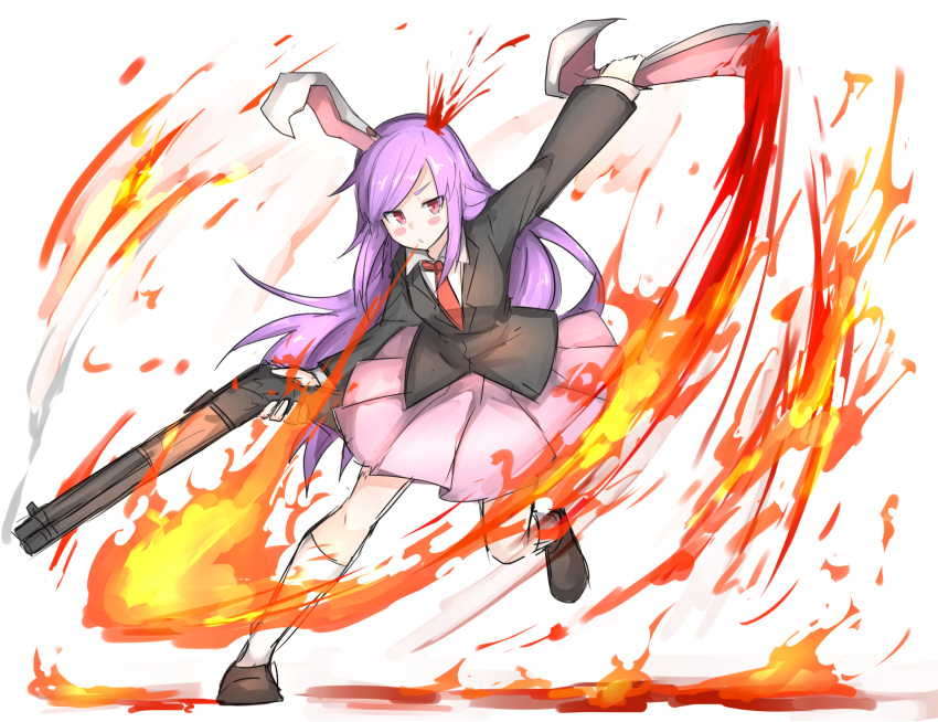 1girl animal_ears bangs black_jacket blazer blood blush breathing_fire brown_footwear collared_shirt commentary_request cookie_(touhou) fire full_body gun highres hisui_(cookie) holding holding_ear holding_gun holding_weapon jacket leg_up long_hair looking_at_viewer necktie pink_skirt purple_hair rabbit_ears red_eyes red_neckwear reisen_udongein_inaba shirt shitteru? shoes simple_background skirt socks solo swept_bangs touhou weapon white_background white_legwear white_shirt