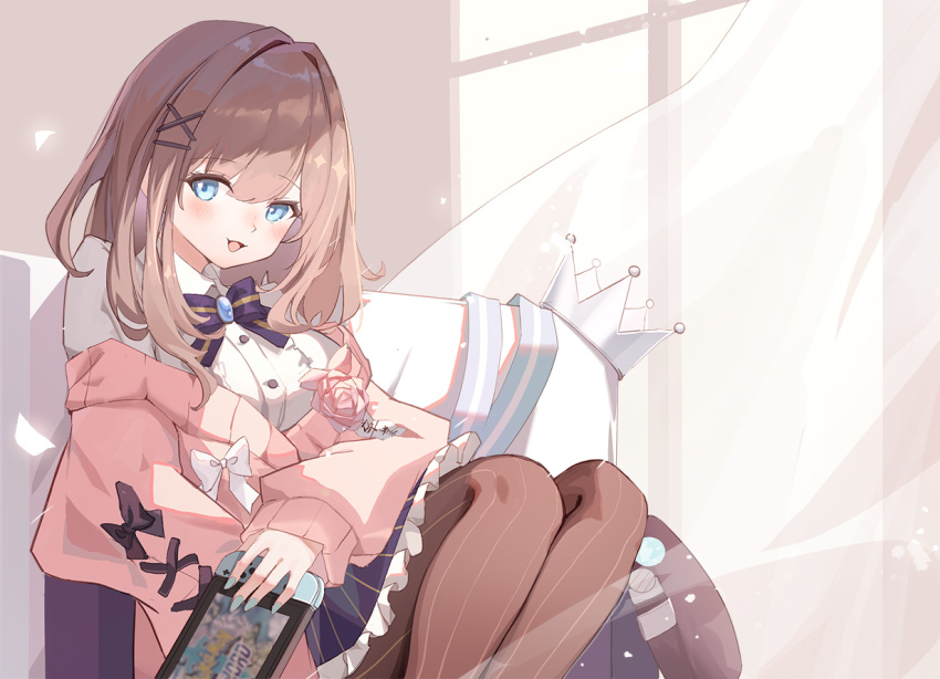 1girl bangs blue_eyes blush bow bowtie brown_hair buttons cardigan center_frills couch crown etoile eyebrows_visible_through_hair frilled_skirt frills hair_ornament hat hat_removed headwear_removed indoors long_sleeves looking_at_viewer medium_hair nijisanji nintendo_switch open_mouth pantyhose shirt sitting skirt solo striped striped_legwear suzuhara_lulu vertical-striped_legwear vertical_stripes virtual_youtuber white_shirt window x_hair_ornament