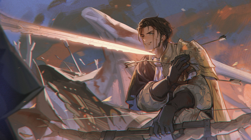 1boy alzi_xiaomi arm_on_knee armor arrow_(projectile) beard black_gloves bleeding blood blood_on_face bloody_clothes bow brown_hair byleth_(fire_emblem) chinese_commentary claude_von_riegan cuts dragon facial_hair fire_emblem fire_emblem:_three_houses gloves glowing glowing_sword glowing_weapon green_eyes hand_on_own_shoulder highres injury kneeling long_sleeves looking_at_another male_focus one_eye_closed out_of_frame short_hair shoulder_armor signature smile solo_focus stab sword teeth upper_body weapon wyvern