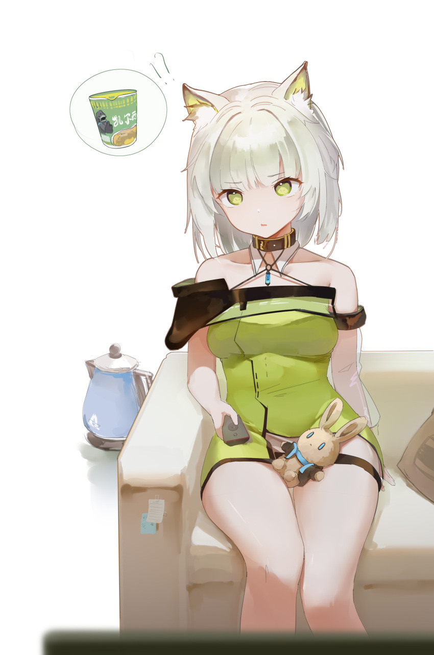 !? 1girl absurdres amiya_(arknights) animal_ear_fluff animal_ears arknights bare_legs bare_shoulders black_choker cameo character_doll chinese_commentary choker collar commentary_request couch doctor_(arknights) dress eyebrows_visible_through_hair feet_out_of_frame flower full_body green_dress green_eyes highres holding_remote_control kal'tsit_(arknights) kettle long_hair looking_at_viewer looking_to_the_side lynx_ears lynx_girl off-shoulder_dress off_shoulder on_couch oripathy_lesion_(arknights) parted_lips see-through_sleeves simple_background sitting solo spoken_food thighs watch watch white_background white_hair zombie_ke