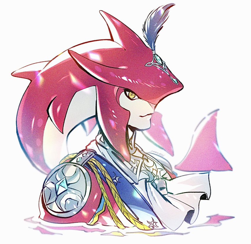 1boy feathers gem highres male_focus monster_boy poroi_(poro586) sidon simple_background solo the_legend_of_zelda the_legend_of_zelda:_breath_of_the_wild upper_body white_background white_neckwear yellow_eyes