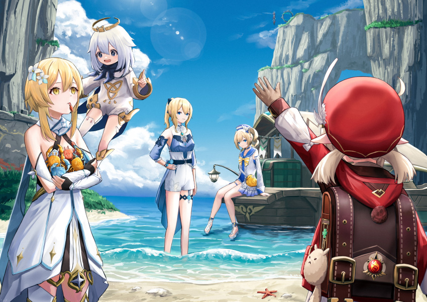 5girls ahoge arm_guards arm_up backpack bag bag_charm bangs barbara_(genshin_impact) beach black_scarf blonde_hair blue_eyes blue_sky boat bow brown_gloves cabbie_hat carrying charm_(object) clouds cloudy_sky coat commentary_request crab crab_claw detached_sleeves dodoco_(genshin_impact) dress drill_hair ebiri_fy eyebrows_visible_through_hair floating from_behind genshin_impact gloves hair_between_eyes hair_bow hair_ribbon hat hat_feather hat_ornament highres hooded_coat horizon in_water jean_(genshin_impact) klee_(genshin_impact) light_brown_hair long_hair looking_at_another looking_up low_twintails lumine_(genshin_impact) mechanical_halo multiple_girls ocean paimon_(genshin_impact) pocket pointy_ears ponytail randoseru red_coat red_headwear ribbon scarf short_hair short_hair_with_long_locks sidelocks sitting sky starfish sunlight thigh-highs twin_drills twintails vision_(genshin_impact) watercraft waverider_(genshin_impact) waving white_dress white_legwear white_scarf yellow_eyes zettai_ryouiki
