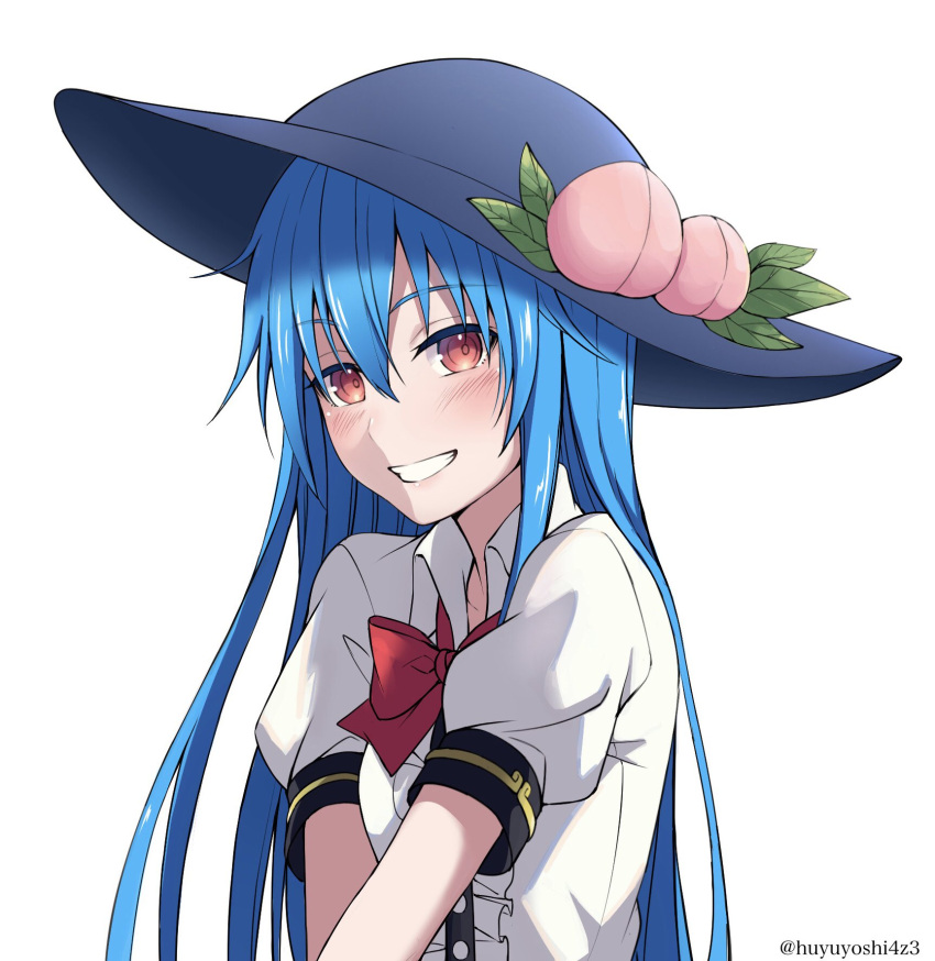 1girl bangs black_headwear blue_hair bow bowtie center_frills collared_shirt eyebrows_visible_through_hair food frills fruit grin hair_between_eyes highres hinanawi_tenshi leaf long_hair looking_at_viewer peach puffy_short_sleeves puffy_sleeves red_bow red_eyes red_neckwear shirt short_sleeves simple_background smile solo touhou twitter_username upper_body white_background yoshinatsu