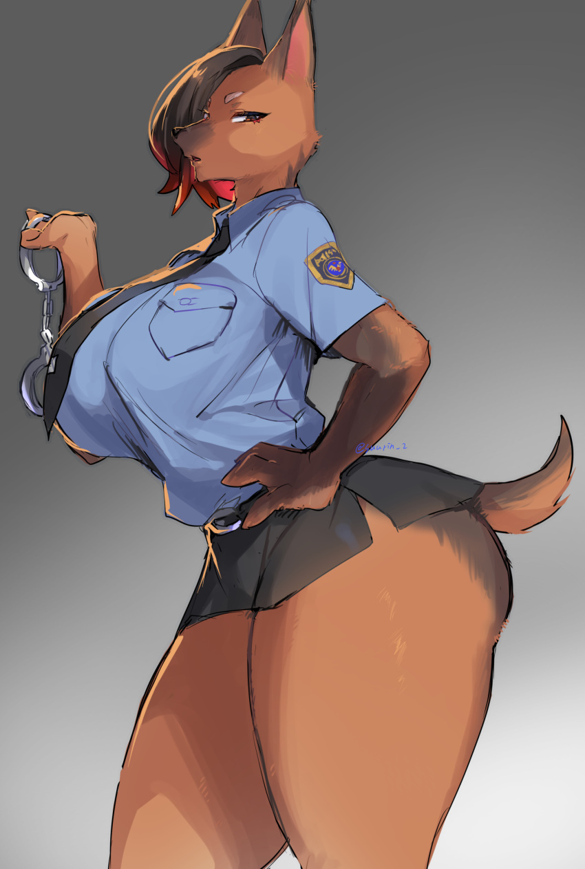 1girl animal_ears ass black_hair black_neckwear black_skirt blue_shirt breast_pocket breasts cowboy_shot cuffs dog_ears dog_girl dog_tail from_side furry half-closed_eyes hand_on_hip handcuffs highres holding holding_handcuffs huge_breasts large_breasts looking_at_viewer multicolored_hair necktie original parted_lips pocket police police_uniform policewoman redhead shirt short_hair skirt snout solo standing suurin_(ksyaro) tail thick_thighs thighs two-tone_hair uniform