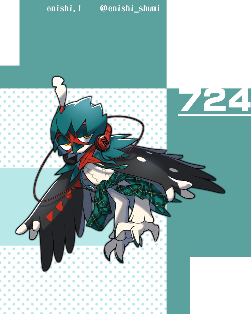 alternate_color artist_name bird cable closed_mouth clothed_pokemon clothes_around_waist commentary_request decidueye enishi_(menkura-rin10) full_body gen_7_pokemon headphones highres looking_at_viewer number owl pokedex_number pokemon pokemon_(creature) shiny_pokemon solo talons twitter_username