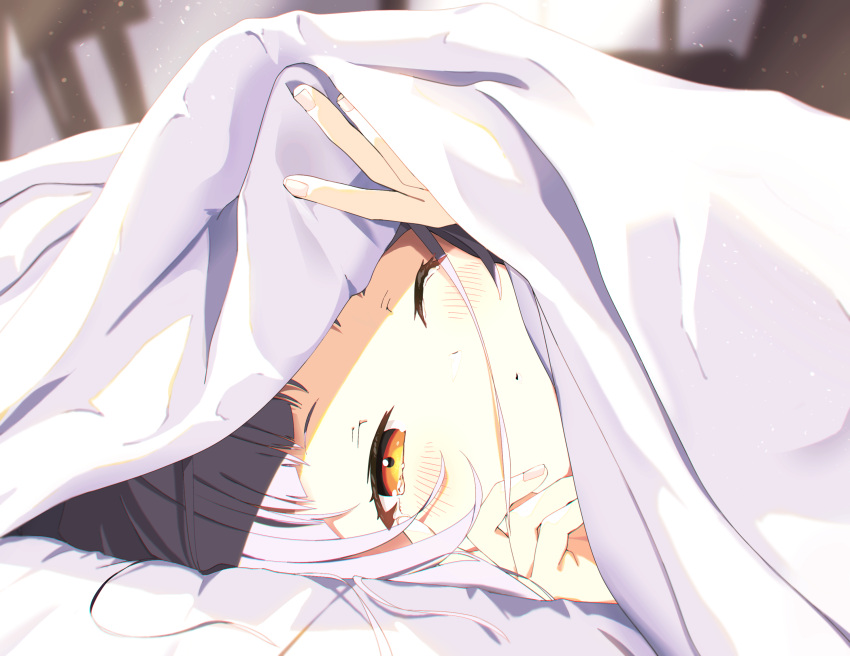 1girl blush closed_mouth commentary face half-closed_eye hands highres hololive kounaien_(comic1217) light_particles looking_at_viewer lying murasaki_shion on_side one_eye_closed orange_eyes silver_hair sleepy solo sunlight under_covers virtual_youtuber
