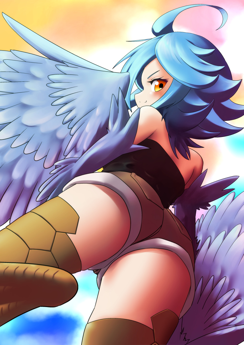 1girl ahoge anotherusa ass bare_shoulders bird_legs black_shirt blue_feathers blue_hair blue_wings commentary_request feathered_wings feathers from_behind harpy highres messy_hair monster_girl monster_musume_no_iru_nichijou papi_(monster_musume) shirt short_hair shorts sleeveless smile solo winged_arms wings yellow_eyes