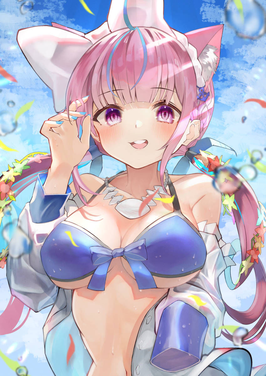 1girl absurdres animal_ear_fluff animal_ears bangs bare_shoulders bikini blue_bikini blue_hair blue_nails blue_sky blunt_bangs blush bow breasts cat_ears colored_inner_hair commentary_request eyebrows_visible_through_hair front-tie_bikini front-tie_top hair_bow halter_top halterneck hand_up highres hololive huge_filesize kaoswald large_breasts long_sleeves looking_at_viewer minato_aqua multicolored_hair nail_polish navel off_shoulder open_clothes open_mouth open_shirt pink_hair round_teeth shell_necklace shirt sky smile solo stomach string_bikini swimsuit teeth upper_body upper_teeth violet_eyes virtual_youtuber water white_bow white_shirt