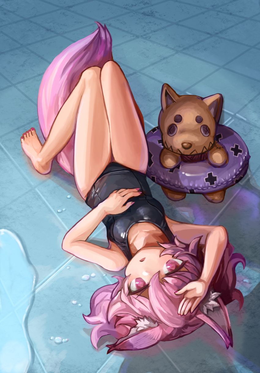 1girl animal_ear_fluff animal_ears arknights black_swimsuit buchi0122 commentary diamond-shaped_pupils diamond_(shape) fox_ears fox_girl fox_tail full_body hand_on_head hand_on_own_stomach highres innertube looking_at_viewer lying medium_hair on_back one-piece_swimsuit open_mouth pink_eyes pink_hair pink_nails shamare_(arknights) solo stuffed_toy swimsuit symbol-shaped_pupils tail tile_floor tiles toenail_polish water