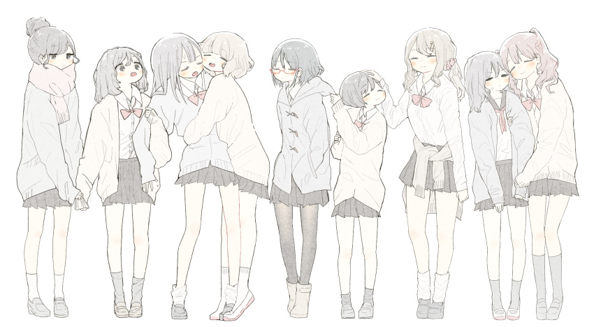 6+girls annoyed arm_hug bare_legs beige_cardigan black_hair black_legwear black_skirt blush boots bow bowtie brown_hair cardigan closed_eyes closed_mouth clothes_around_waist coat commentary_request eyebrows_visible_through_hair full_body fuyuri_(tibirobo) glasses grey_coat grey_footwear grey_legwear grey_sweater hair_bun hair_ornament hair_scrunchie hairclip hand_on_another's_head hands_in_pockets height_difference highres hug jitome leaning_on_person loafers long_hair looking_at_another medium_hair multiple_girls open_mouth original pantyhose pinching_sleeves pleated_skirt ponytail red_neckwear sailor_collar scarf school_uniform scrunchie serafuku shirt shirt_tucked_in shoes short_hair sidelocks simple_background skirt sleeves_past_wrists smile socks sweatdrop sweater sweater_around_waist upper_teeth white_background white_legwear white_shirt yuri