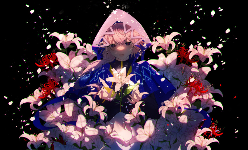 1girl absurdres black_background blush capelet flower highres hood hood_up hooded_capelet kaf_(kamitsubaki_studio) kamitsubaki_studio lily_(flower) multicolored multicolored_eyes open_mouth petals pink_hair re:rin side_ponytail smile solo spider_lily symbol_commentary upper_body virtual_youtuber yellow_pupils