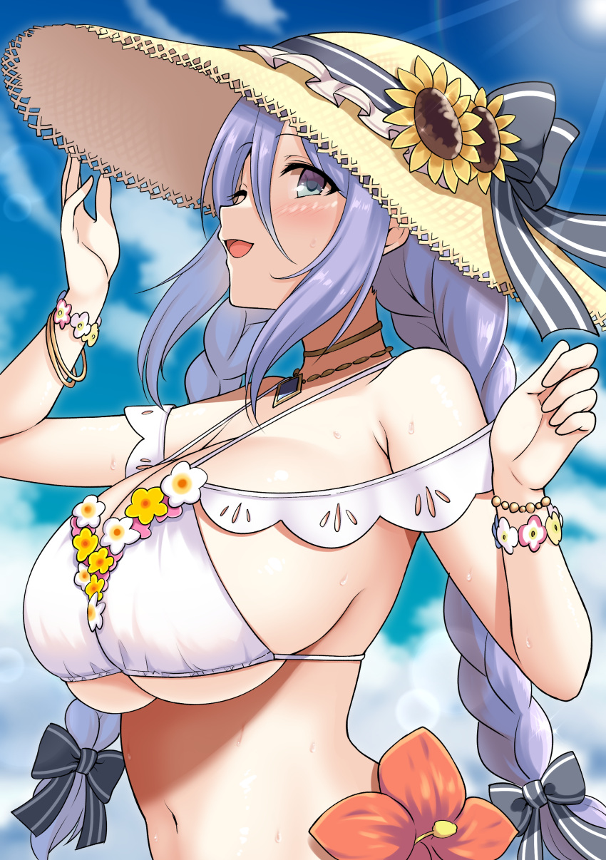 1girl ;d absurdres aqua_hair arm_up bare_shoulders bikini black_bow blue_sky blush bow bracelet braid breasts clouds day flower hair_bow hand_on_headwear hat hat_bow hat_flower hibiscus highres jewelry large_breasts light_rays long_hair looking_at_viewer navel necklace off_shoulder one_eye_closed open_mouth outdoors princess_connect! purple_hair red_flower shizuru_(princess_connect!) sky smile solo stomach strap_gap straw_hat sunbeam sunflower sunlight sweat swimsuit twin_braids under_boob upper_body very_long_hair white_bikini yellow_headwear yue_(show-ei)
