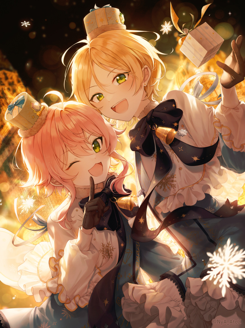 2boys 723/nanahumi :d bangs bell black_bow black_gloves blonde_hair blue_bow blue_dress blue_headwear blush bow box capelet commentary_request dress dutch_angle ensemble_stars! eyebrows_visible_through_hair frilled_capelet frills gift gift_box gloves green_eyes hair_between_eyes hand_up hat hat_bow highres himemiya_touri index_finger_raised looking_at_viewer mini_hat multiple_boys open_mouth pink_hair shiratori_aira_(ensemble_stars!) smile snowflakes twitter_username white_capelet