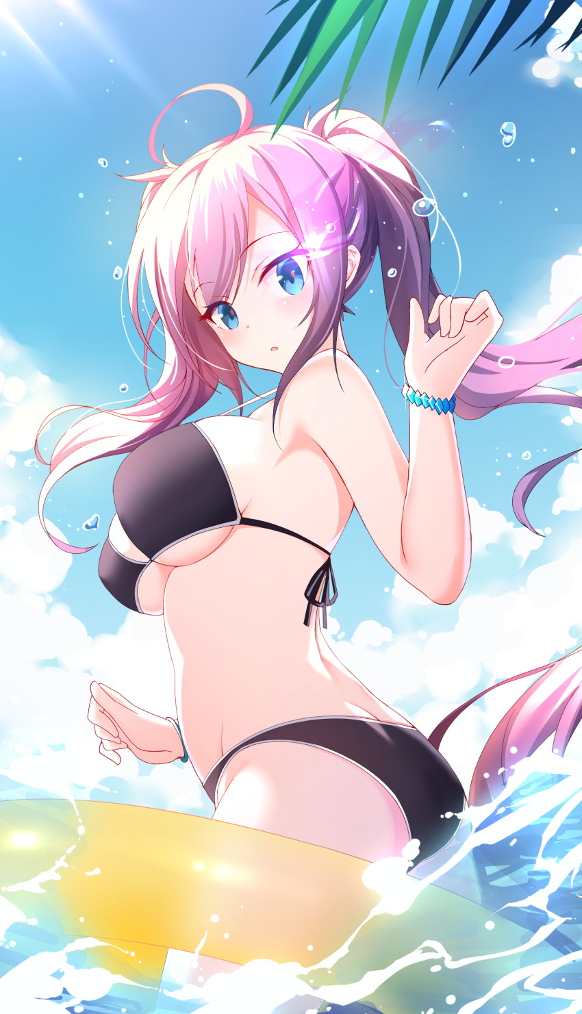 1girl absurdres ahoge ass bare_shoulders bikini black_bikini black_rock_shooter black_rock_shooter_(character) blue_eyes bracelet breasts day glowing glowing_eye halterneck hand_up highres innertube jewelry large_breasts long_hair looking_at_viewer outdoors oywj parted_lips pink_hair solo strap_gap string_bikini sunlight swimsuit twintails very_long_hair wading water wet