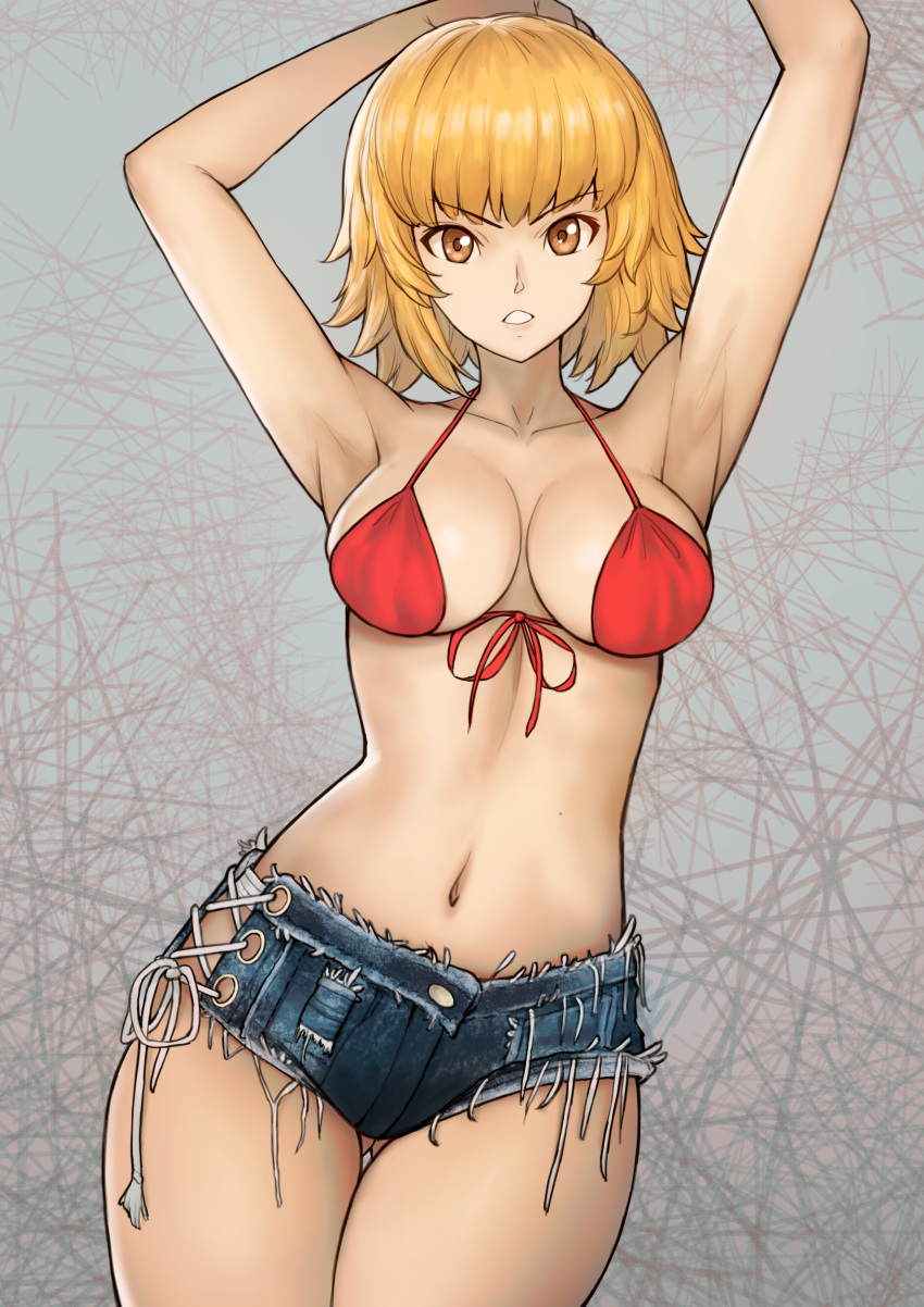 1girl absurdres alternate_costume alternate_eye_color alternate_hair_length alternate_hairstyle bikini bikini_top blonde_hair breasts cowboy_shot denim denim_shorts fate/grand_order fate_(series) front-tie_bikini front-tie_top highres jeanne_d'arc_(fate) jeanne_d'arc_(fate)_(all) large_breasts navel red_bikini short_shorts shorts solo swimsuit torn_clothes torn_shorts tsuki_suigetsu yellow_eyes