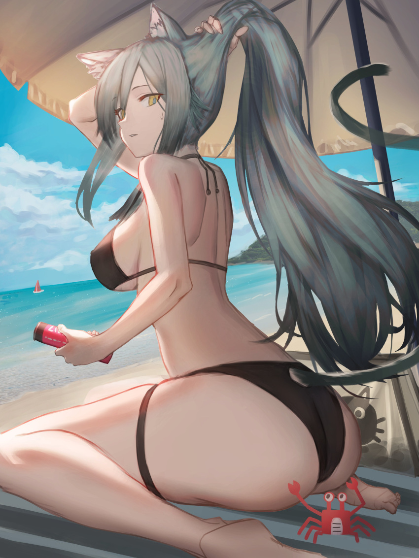 1girl absurdres animal_ear_fluff animal_ears arknights arm_up ass ass_cutout back bare_arms bare_shoulders barefoot beach beach_umbrella bikini black_bikini breasts bunching_hair cat_ears cat_girl cat_tail clothing_cutout crab day from_behind grey_hair halter_top halterneck highres ioriwu8 large_breasts long_hair looking_at_viewer looking_back ocean outdoors parted_lips schwarz_(arknights) shoulder_blades sitting sky solo string_bikini sweatdrop swimsuit tail thigh_strap thighs umbrella very_long_hair wariza yellow_eyes