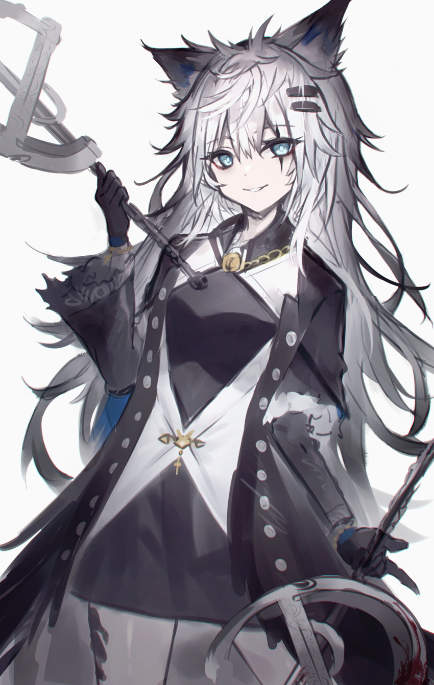 1girl absurdres animal_ears aqua_eyes arknights black_coat black_dress black_gloves breasts chain coat commentary_request cowboy_shot diieru dress eyebrows_visible_through_hair gloves grin hair_between_eyes hair_ornament hairclip highres holding holding_sword holding_weapon jacket jewelry lappland_(arknights) lappland_(refined_horrormare)_(arknights) long_hair looking_at_viewer necklace official_alternate_costume parted_lips scar scar_across_eye short_dress silver_hair sitting small_breasts smile solo sword weapon white_jacket