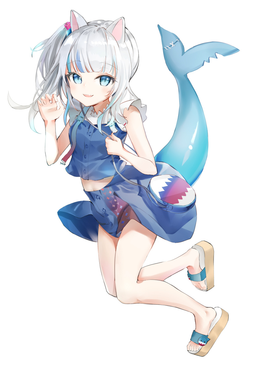 1girl animal_ears blue_eyes blue_hair blue_skirt blue_vest cat_ears claw_pose closed_eyes fish_tail frilled_sleeves frills full_body gawr_gura hair_cubes hair_ornament highres hololive hololive_english looking_at_viewer medium_hair multicolored_hair parted_lips sandals shancha shark_tail shirt short_sleeves side_ponytail silver_hair simple_background skirt smile solo streaked_hair tail vest virtual_youtuber white_background white_shirt