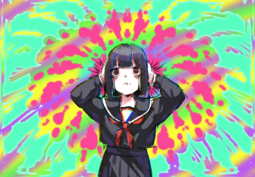 1girl @_@ bangs black_hair black_sailor_collar black_serafuku black_shirt black_skirt bob_cut chuo8008 closed_mouth long_sleeves multicolored multicolored_background original psychedelic sailor_collar school_uniform serafuku shirt short_hair skirt