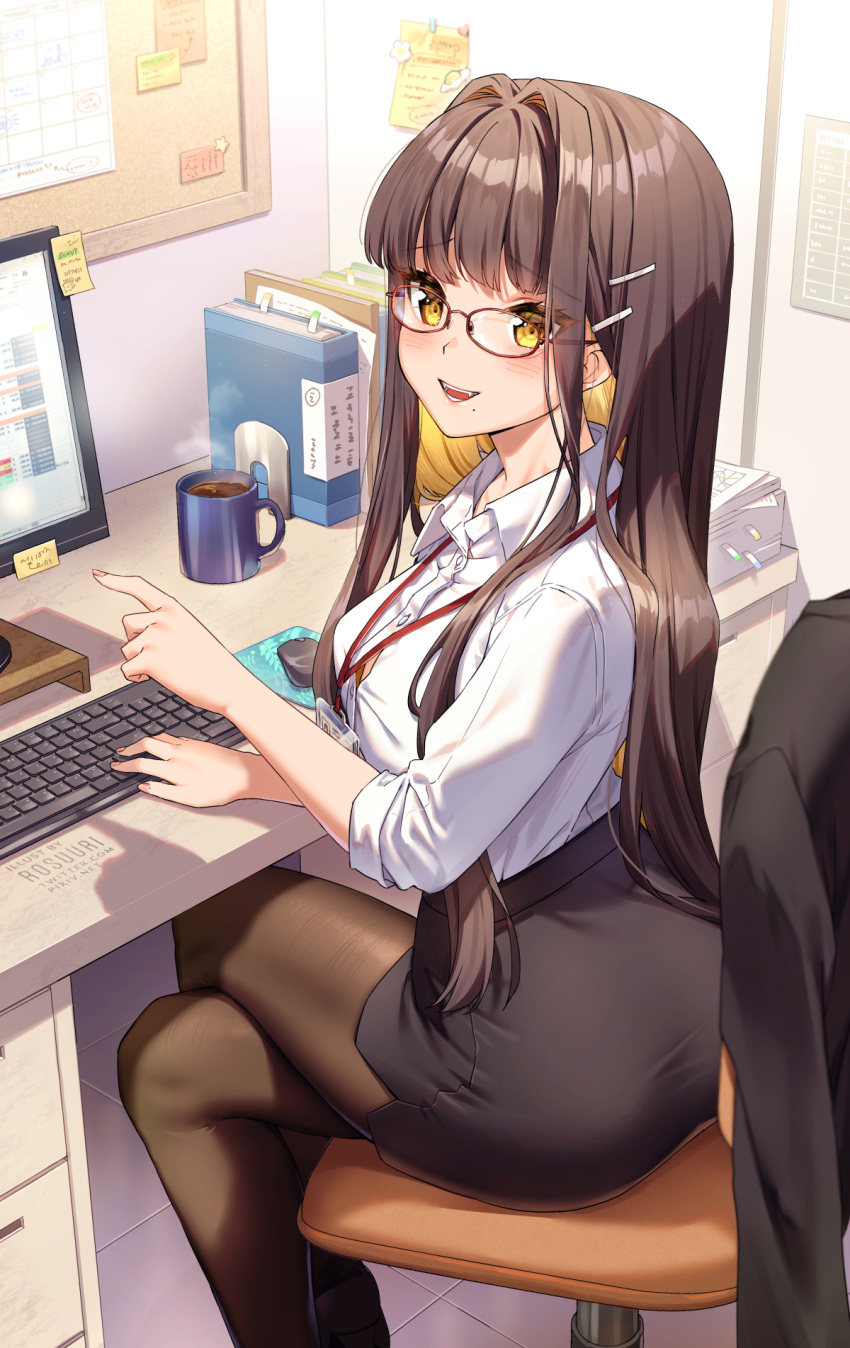 1girl bangs binder black_legwear black_skirt blush brown_hair bulletin_board button_gap calendar_(object) collared_shirt crossed_legs cup desk hair_ornament hairclip highres id_card keyboard_(computer) lanyard long_hair miniskirt mole mole_under_mouth monitor mouse_(computer) mug office office_lady open_mouth original pantyhose papers pencil_skirt pointing rosuuri shirt sidelocks sitting skirt sleeves_folded_up sticky_note white_shirt yellow_eyes