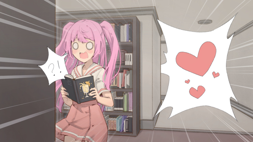 !? 1girl bangs blush book bookshelf commentary cowboy_shot emphasis_lines eyebrows_visible_through_hair female_orgasm frilled_shirt frills hands_up heart holding holding_book indoors long_hair miniskirt o_o open_book open_mouth orgasm original pink_hair pink_skirt pleated_skirt rune_(pixiv_25170019) school_uniform shirt shirt_tucked_in short_sleeves sidelocks skirt solo speech_bubble spoken_heart spoken_interrobang standing surprised tied_hair two_side_up wavy_mouth white_eyes white_shirt wide-eyed