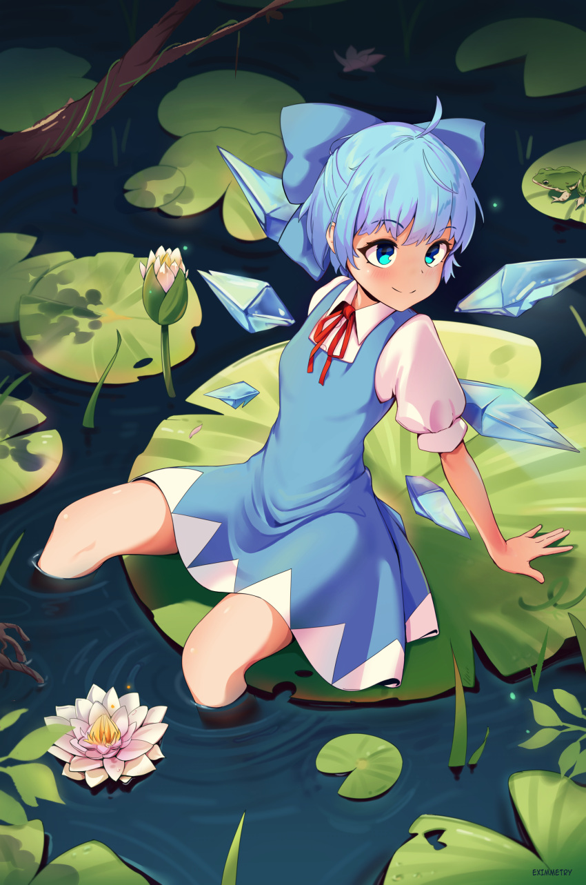 1girl absurdres ahoge arm_support artist_name bangs blue_bow blue_dress blue_eyes blue_hair blush bow branch breasts cirno closed_mouth commentary_request disconnected_mouth dress eximmetry eyebrows_visible_through_hair flower flower_request hair_bow highres ice ice_wings leaning_back lily_pad looking_to_the_side petals pinafore_dress pink_flower plant puffy_short_sleeves puffy_sleeves red_neckwear red_ribbon ribbon shirt short_hair short_sleeves small_breasts smile soaking_feet solo touhou vines white_shirt wing_collar wings
