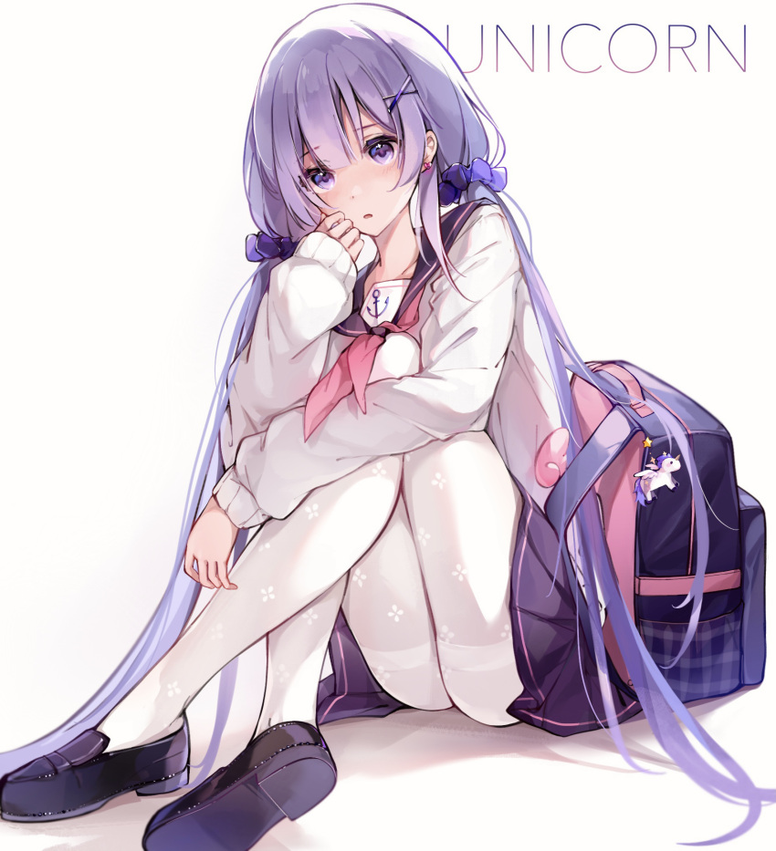 1girl azur_lane backpack backpack_removed bag bag_charm bangs cardigan character_name charm_(object) earrings eyebrows_visible_through_hair hair_ornament hair_scrunchie hand_on_leg highres jewelry long_hair open_mouth pantyhose pleated_skirt print_legwear purple_hair purple_skirt purrr sailor sailor_collar school_uniform scrunchie shoes simple_background sitting skirt thighband_pantyhose twintails unicorn unicorn_(amusement_park_date)_(azur_lane) unicorn_(azur_lane) violet_eyes white_background white_cardigan white_legwear