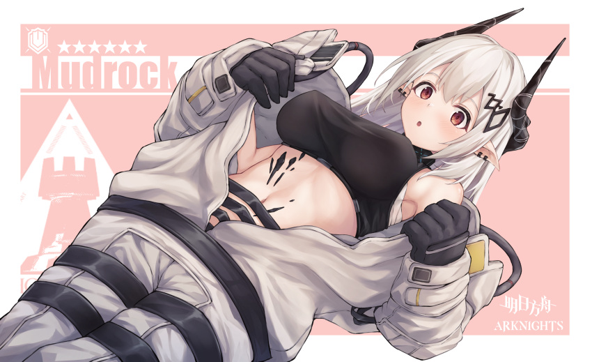 1girl :o absurdres arknights bangs bare_shoulders black_gloves blush breasts character_name commentary_request copyright_name cowboy_shot crop_top gloves highres horns kuroisiro large_breasts long_hair looking_at_viewer midriff mudrock_(arknights) navel oripathy_lesion_(arknights) parted_lips partial_commentary pink_background pointy_ears red_eyes rhodes_island_logo sarashi silver_hair solo sports_bra star_(symbol) stomach