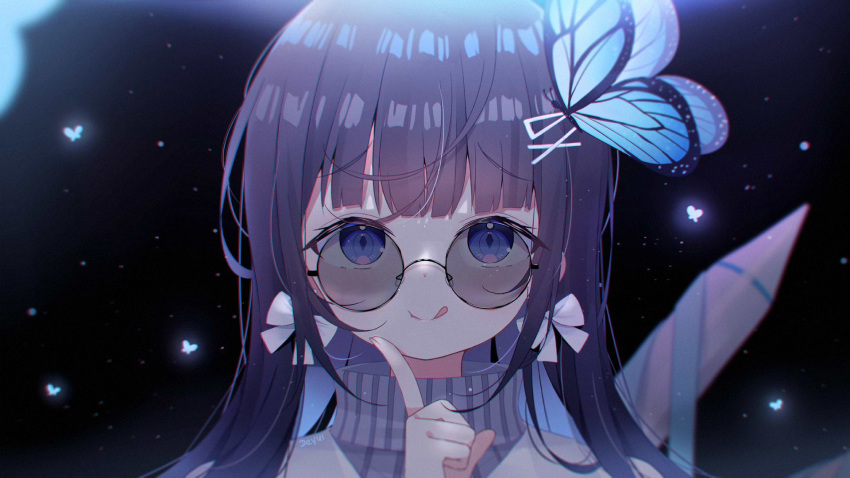 1girl :q aoi_nabi bangs black-framed_eyewear black_hair blue_eyes blue_hair bow butterfly_hair_ornament closed_mouth commentary_request deyui eyebrows_visible_through_hair glasses grey_sweater hair_bow hair_ornament hairclip hand_up highres index_finger_raised indie_virtual_youtuber long_hair looking_at_viewer multicolored_hair noise portrait round_eyewear signature smile solo sweater tongue tongue_out turtleneck turtleneck_sweater two-tone_hair virtual_youtuber white_bow x_hair_ornament