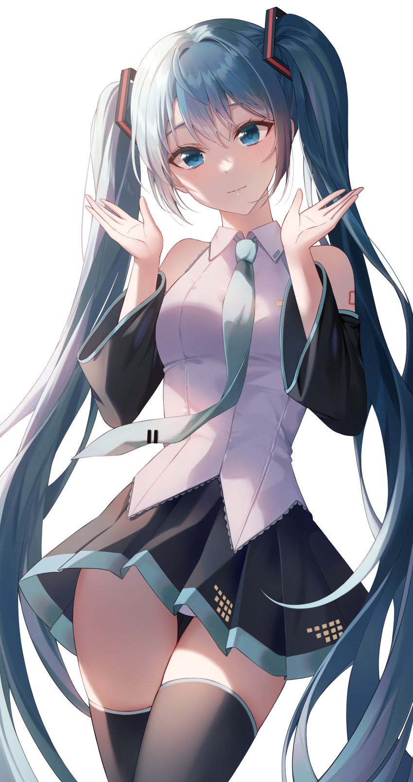 1girl absurdres aqua_neckwear bangs black_legwear black_skirt black_sleeves blue_eyes blue_hair blush breasts closed_mouth collared_shirt detached_sleeves eyebrows_visible_through_hair hair_ornament hands_up hatsune_miku highres huge_filesize long_hair looking_at_viewer medium_breasts miniskirt necktie pleated_skirt shirt simple_background skirt smile solo thigh-highs thigh_strap thighs twintails very_long_hair vocaloid white_background white_shirt yeorem zettai_ryouiki