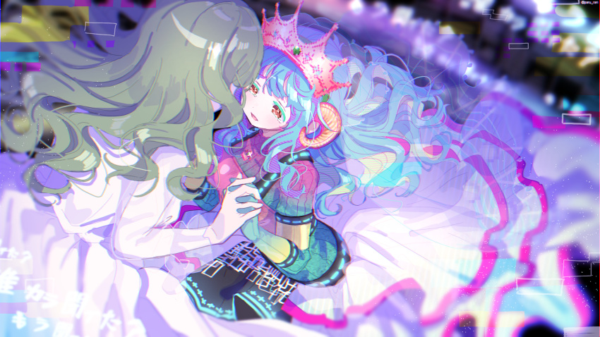 2girls ai-chan_(magia_record) aqua_hair bangs black_skirt blunt_bangs blurry blurry_background chromatic_aberration colored_eyelashes colorful curled_horns depth_of_field dot_nose dress dutch_angle face-to-face facing_away from_above futaba_sana glint glitch gloves gradient gradient_gloves gradient_sweater green_hair half-closed_eyes hands_up happy_tears highres holding_hands horns interlocked_fingers jewelry light_blush light_particles long_hair long_sleeves magia_record:_mahou_shoujo_madoka_magica_gaiden mahou_shoujo_madoka_magica multiple_girls necklace pale_skin parted_lips paru_rari ribbed_sweater see-through_sleeves shiny shiny_hair sidelocks skirt soul_gem sweater tearing_up tears tiara twitter_username uwasa_no_sana waist_cape wavy_hair white_dress wide_shot yellow_eyes