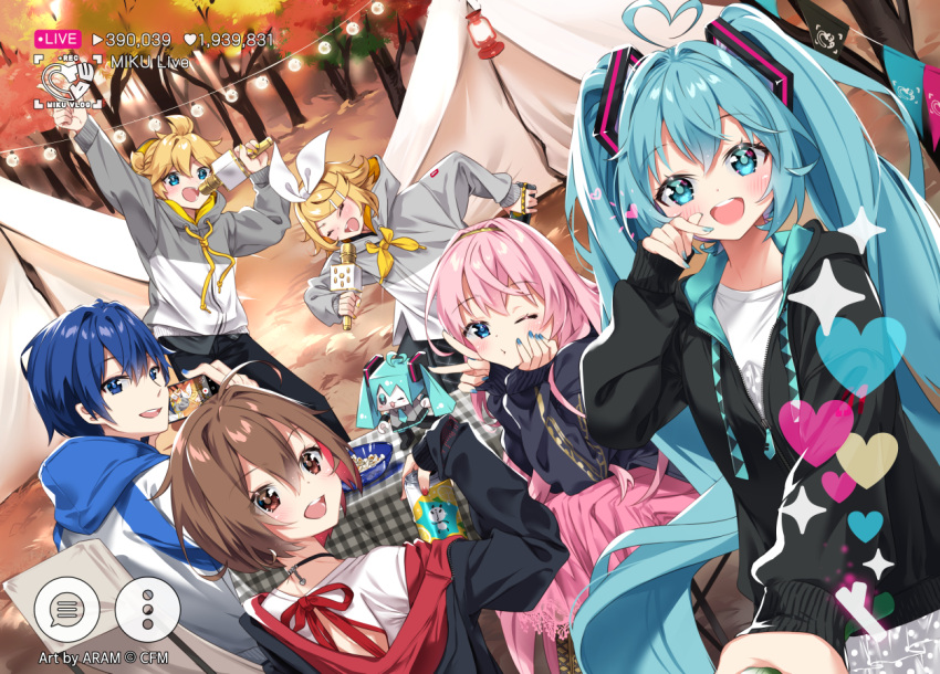 2boys 39 4girls ahoge aqua_eyes aqua_hair aqua_nails arami_o_8 arm_up autumn bangs black_jacket blonde_hair blue_eyes blue_hair blush bow bowl brown_eyes brown_hair camping can cellphone chair closed_eyes commentary crypton_future_media grey_hoodie hair_bow hair_ornament hairclip hatsune_miku heart heart_ahoge holding holding_can holding_microphone holding_phone hood hooded_jacket hoodie index_finger_raised jacket kagamine_len kagamine_rin kaito_(vocaloid) long_hair looking_at_viewer megurine_luka meiko microphone multiple_boys multiple_girls nail_polish neckerchief official_art open_mouth outstretched_arm phone pink_hair pink_skirt puckered_lips recording shirt short_hair skirt smartphone smile spiky_hair standing string_of_light_bulbs swept_bangs symbol_commentary table tent twintails two-tone_hoodie very_long_hair vocaloid white_bow white_jacket white_shirt yellow_neckwear