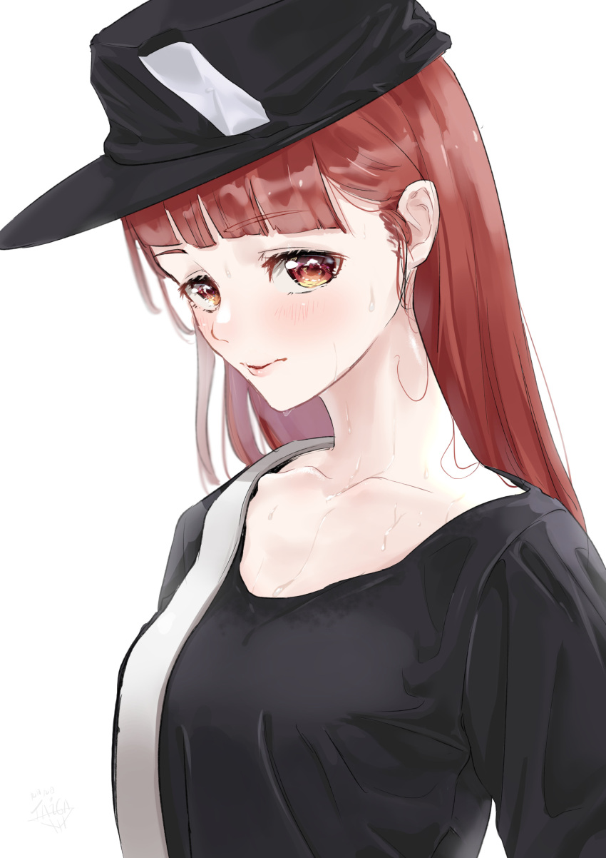 1girl absurdres black_headwear black_skirt casual collarbone eyebrows_visible_through_hair hair_strand hat highres hot long_hair looking_at_viewer multicolored multicolored_eyes nape original redhead simple_background skirt strap summer sweat sweaty_clothes taiga_(ryukyu-6102-8) upper_body white_background
