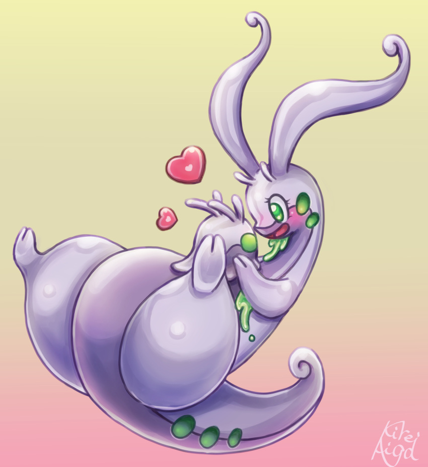 blush eyelashes from_side goodra goomy gradient gradient_background green_eyes heart highres holding holding_pokemon kireiaiga no_humans open_mouth pokemon pokemon_(creature) signature slime_(substance) smile spread_legs toes tongue