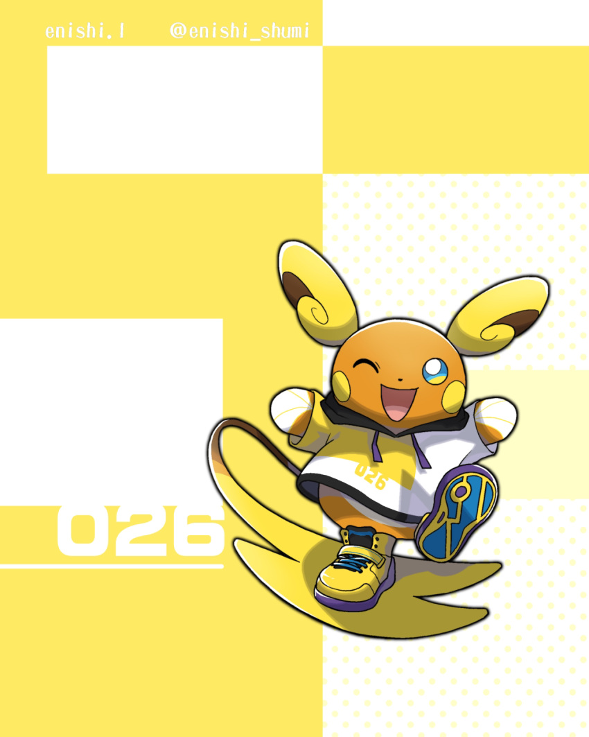 alolan_form alolan_raichu artist_name blue_eyes clothed_pokemon commentary_request enishi_(menkura-rin10) full_body gen_7_pokemon highres leg_up no_humans number one_eye_closed open_mouth pokedex_number pokemon pokemon_(creature) shirt shoes smile solo standing standing_on_one_leg tongue twitter_username yellow_footwear